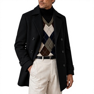 Men's Double Breasted <b>Wool</b> Overcoat Notched Lapel Long Thick Regular Sleeve Woven Fabric Black Outerwear - Product Image 1