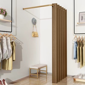 Cabine d'essayage mobile de luxe en métal pour boutique de vêtements, cabine d'essayage portable dorée avec rideau - Product Image 4