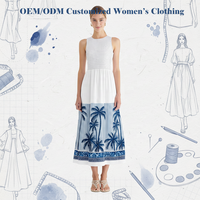 Robe midi pour femme, sans manches, col rond, corsage smocké, imprimé palmiers blancs et bleus, coupe évasée, imprimé bordure, personnalisable, vente en gros