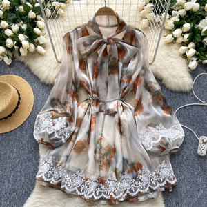 Vestido de Gasa Brillante <span class=keywords><strong>con</strong></span> Mangas Farol <span class=keywords><strong>y</strong></span> <span class=keywords><strong>Encaje</strong></span> para Mujer, Primavera <span class=keywords><strong>y</strong></span> Otoño - Product Image 1