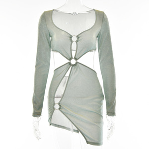 Vestido corto sexy con aberturas, manga larga, capa transparente y escote redondo para la noche - Product Image 5