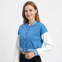 Jaket Varsity Warna Biru Putih dengan Blok Warna, Lengan Panjang, Kancing Depan, Kerah Bulat, Panjang Pendek, Pakaian Wanita untuk Musim Gugur.