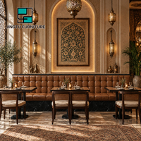 Ensemble de mobilier de restaurant en cuir cognac, banquette carrée capitonnée, base en marbre, pour café, commercial, personnalisable, fabricant OEM Chine