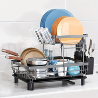 Égouttoir à vaisselle à 2 niveaux en acier au carbone gris personnalisé avec égouttoir automatique pour évier de cuisine avec porte-couteaux, porte-fourchettes et porte-gobelets