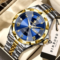 Jam Tangan Pria BINBOND Luminous Business Strap Calendar Custom Logo, Stainless Steel Anti Air, Mewah, Quartz