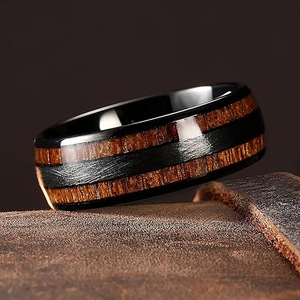 <b>Tungsten</b> Steel Ring 8mm Black With Wood Grain Inlay Wedding Band Fashion Jewelry - Product Image 1