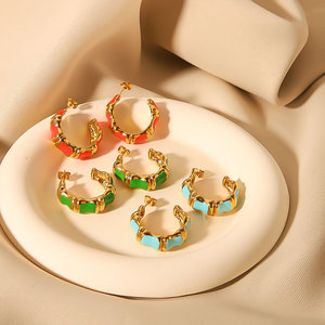 Boucles d'oreilles pour femme en acier inoxydable 316L plaqué or 14k 18k PVD, couleur or personnalisée, motif bambou coloré, tendance. - Product Image 2