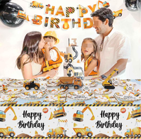 Kit de vaisselle et décorations pour fête d'anniversaire de garçon sur le thème de la construction : assiettes en carton, gobelets, serviettes, nappe, fourchettes, bannières suspendues, drapeaux, guirlandes et fournitures