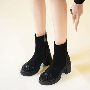 Y91259 Women Ankle Boots Chunky <b>Heel</b> <b>Round</b> <b>Toe</b> Rhinestones Fashion Autumn Winter Anti Slippery Microfiber Solid Color - Product Image 3