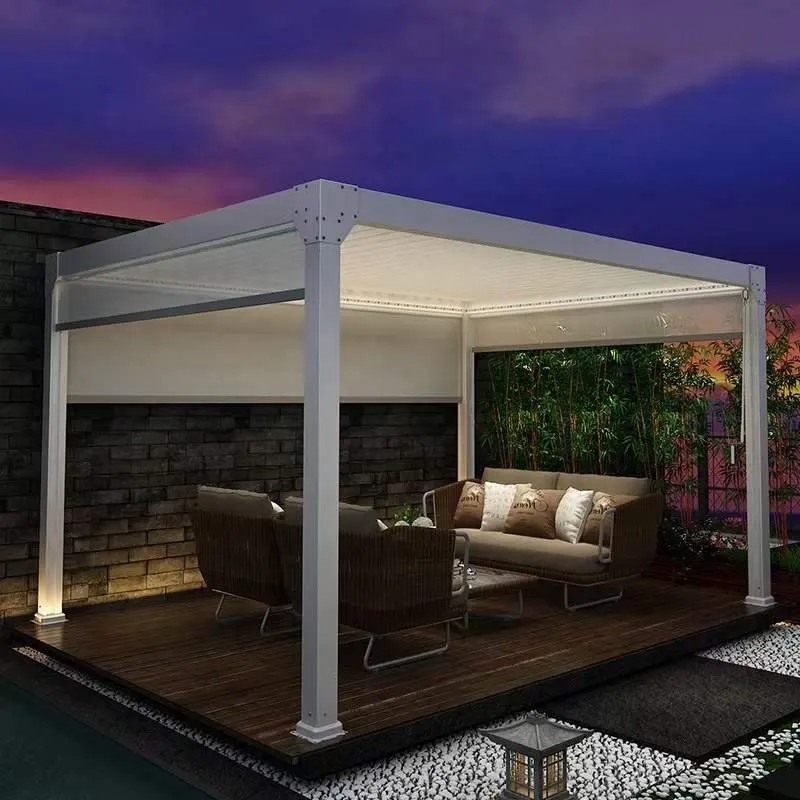 Neues Design Outdoor Moonlight Schuppen elektrische automatische Markise Terrasse Innenhof Aluminium legierung Pavillon