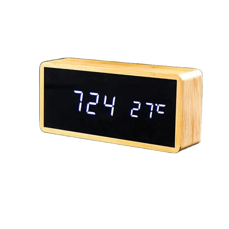 الخيزران منبه خشبي ووتش LED الرقمية الخشب ميزان الحرارة وقت التحكم الصوتي مكتب ساعة الطاولة مرآة despertador reloj بامبو