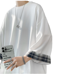 เสื้อยืดโอเวอร์ไซส์ลายสก็อตสำหรับฤดูใบไม้ผลิและฤดูร้อน ทรงหลวม ใส่ได้ทั้งผู้ชายและผู้หญิง แขนยาว สีขาว แห้งเร็ว - Product Image 1