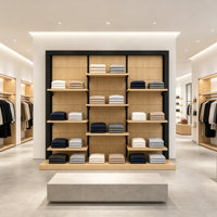Étagère murale en bois à 3 colonnes décalées, sur mesure, pour la présentation de vêtements pliés en magasin, usage commercial