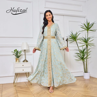 Robe Kaftan Abaya de Luxe pour Femme Hafizah, Imprimé Floral Doré, Col en V, Ceinturée, Jalabiya Marocaine, Longue Maxi, Robe de Soirée Islamique Musulmane