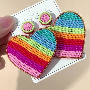 Nouvelles boucles d'oreilles tissées mode arc-en-ciel coeur couleur perles de riz pendentif boucles d'oreilles pour femmes prêt à expédier - Product Image 2