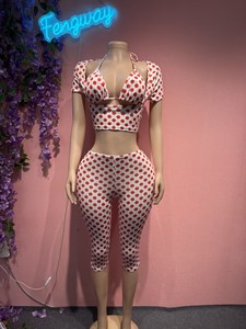 Nouvel ensemble 3 pièces sexy pour femme 2026 : crop top à manches courtes imprimé pois et patchwork, et pantalon - Product Image 6