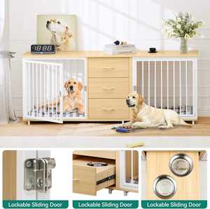Double caisse en bois personnalisée de luxe pour chiens Support TV de luxe en fer Séparateur de chambre 2 bols mangeoires Cages de table pour animaux de compagnie à motif solide Respirant - Product Image 4