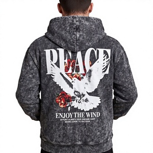 Mens Vintage Acid Wash Pullover Hoodie Oversized Eagle Rose Graphic <b>Back</b> Print Streetwear Hooded Sweatshirt - Product Image 1