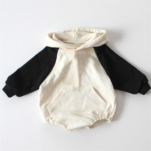 Popular Korean Contrast Color Sleeves Unisex Newborn Baby Autumn Jumpsuit <b>Toddlers</b> Hooded Sweatshirt Romper with Pocket - Product Image 3