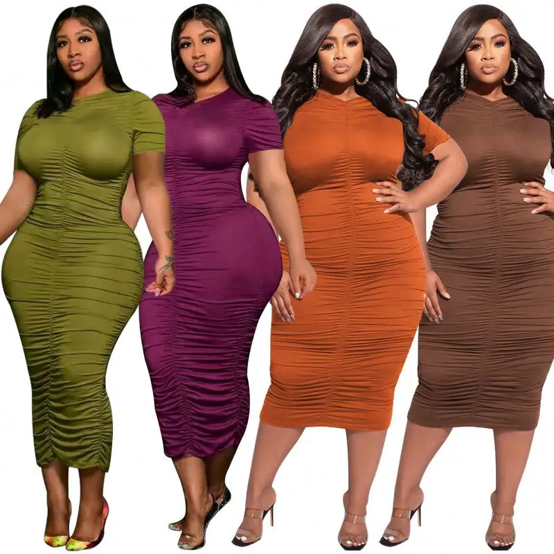 Casual Summer 2022 Pure Color Ruched Pleated Short Sleeve Plus Size Women's Bodycon Midi Dress