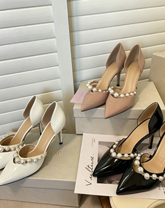 High Quality Designer Inspired Pearl Strap High Heels Women's Patent Leather Pointed Toe Pumps with Genuine Leather <b>Insole</b> - Product Image 3