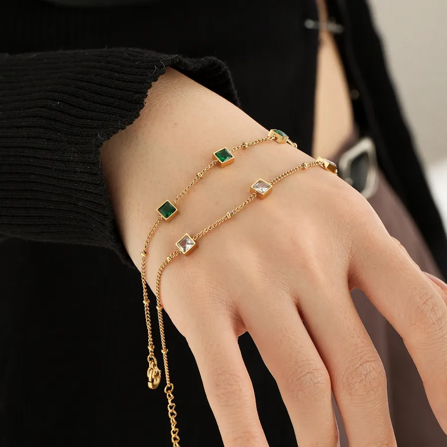 Fashion Women Jewelry 18k PVD Gold Plated Stainless Steel Green Cubic Zirconia Dainty Link Chain Bracelets