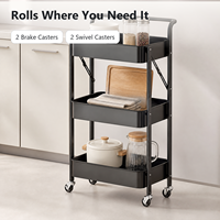 Chariot de rangement à 3 niveaux en acier au carbone avec roulettes, chariot utilitaire pour la maison, la cuisine, la salle de bain, étagère organisatrice noire multi-usages