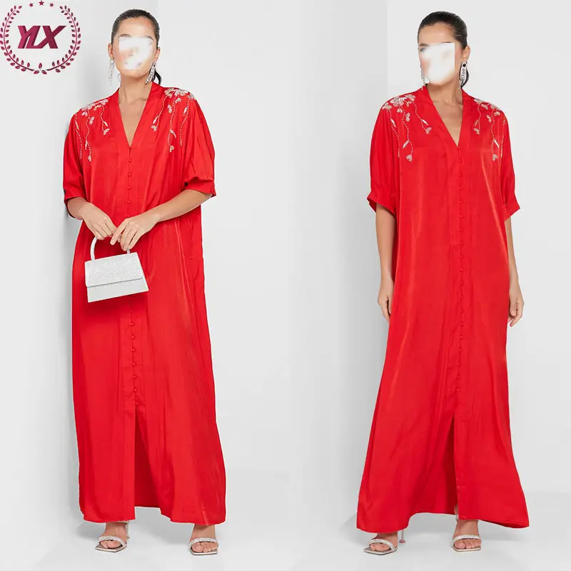 Nieuw Design Geweven V Hals Korte Mouw Lichtgewicht Polyester Geborduurde Knopen Abaya Vrouwen Moslim Jurk 2023 Dubai Elegant