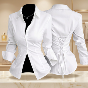 Camisa Blanca de Corte Regular para Mujer, Formal de Oficina, con Cuello Abotonado, Manga Larga y Logotipo en la Parte Delantera - Product Image 5
