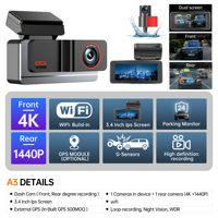 Caméra de tableau de bord A3 4K à 2 objectifs, rétroviseur IPS, moniteur DVR de voiture, WIFI, enregistrement en boucle, vision nocturne, enregistreur vidéo, garantie 1 an