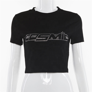 Maßgeschneidertes Damen Slim Fit Crop Top mit Strass-Diamant-Kristall-Logo Umweltfreundlich Bedrucktes 3D-Karomuster Sexy Crop-Shirt für den Sommer - Product Image 2