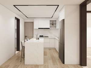 Juego de Muebles de Cocina Modulares Modernos de Madera Contrachapada con Acabado de Laca de Alto Brillo, Isla de Mármol con Fregadero y Protector Contra Salpicaduras para Apartamento - Product Image 4