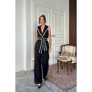 Conjunto Elegante de Pantalones y Chaleco con Detalle de Ribete y Cinturón, Traje de Mezclilla Negro para Mujer, Talla S - Product Image 1