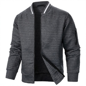 <b>Men's</b> Solid Color Crocheted <b>Canvas</b> <b>Jacket</b> Henry Collar Zipper Front Casual Windproof Autumn Fleece Coat Regular Sleeve Slim Fit - Product Image 1