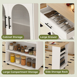 80-inch Expandable Modern Kitchen <b>Island</b> Dining <b>Table</b> MDF Countertop Power Outlet Mobile Storage Cart Cabinet 2 Drawers (White) - Product Image 2