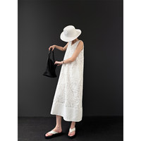 Robe longue décontractée blanche pour femme, élégante, de haute qualité, avec broderie lourde, col en V et sans manches, idéale pour l'été