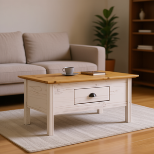 BODO Solid Wood Pine Coffee <b>Table</b> 39.4x21.7x18.1 White And <b>Brown</b> With Drawer Farmhouse Style Living Room Furniture - Product Image 2