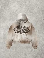 Sweat à capuche court zippé délavé et vieilli, brodé de strass et orné de rivets, pour la mode streetwear