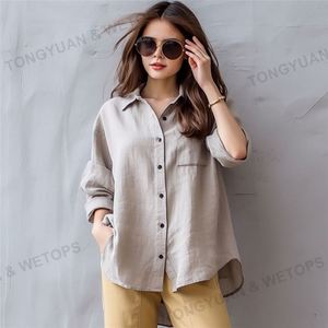 Ropa personalizada Camisas de gran tamaño Ocio Lino Solapa Camisas Botón superior Delgado Suelto Camisa de manga larga de gran tamaño Blusas de las mujeres - Product Image 6