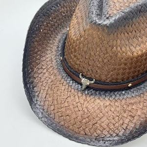 Sombrero de paja de <span class=keywords><strong>vaquero</strong></span> con estilo Retro occidental a precio de fábrica, sombrero de playa de paja a prueba de Sol de estilo Unisex de verano con banda de vaca - Product Image 2
