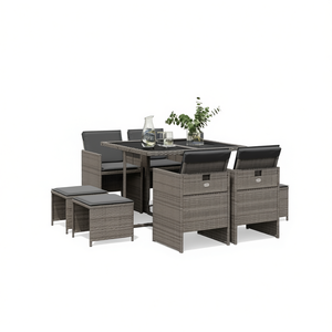 Set da pranzo da giardino impilabile in rattan PE grigio a 9 pezzi, elegante arredamento da esterno per uso in giardino - Product Image 1