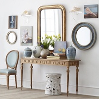 Table console de style français de luxe en frêne blanc massif, écologique, avec incrustation motif clé grecque, pour salon et entrée