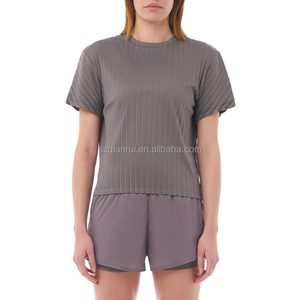 T-shirt Corta a Costine 100% Poliestere, Maglia a Costine Larghe, Collo Alto, Manica Corta, Vestibilità Slim, Elasticizzata, <span class=keywords><strong>Maglietta</strong></span> Basica, Etichetta Personalizzata OEM - Product Image 5
