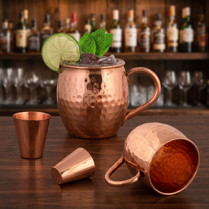 Taza de mula de cobre de Moscú con vaso de chupito y tapa con diseño martillado para cócteles elegantes - Product Image 1