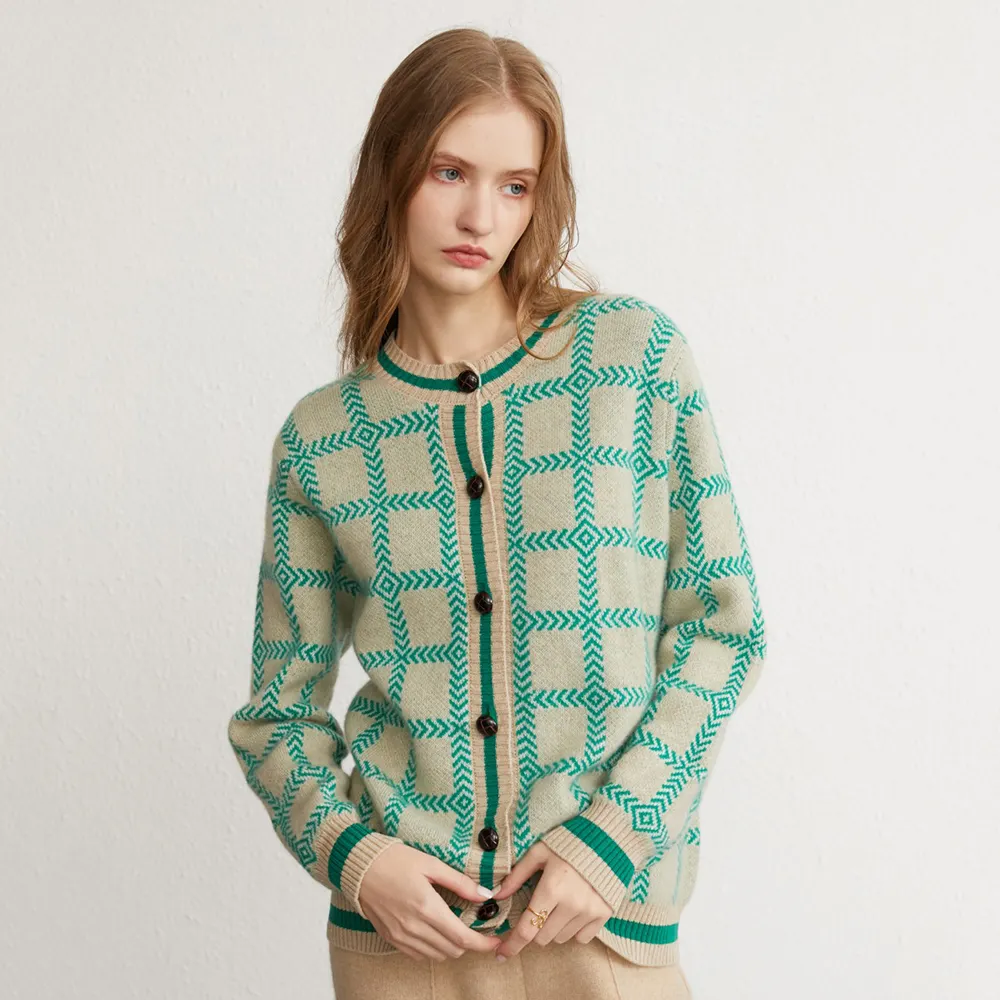 Cappotto in maglia autunnale all'ingrosso elegante Patchwork personalizzato a quadri Cardigan invernale verde mongolo 100% puro Cashmere maglione donna