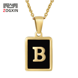 Zogxin Square Letter B Pendant Necklace 18K Gold Plated Stainless Steel Black Inlay Daily Wear Gift Jewelry for Women - Product Image 1