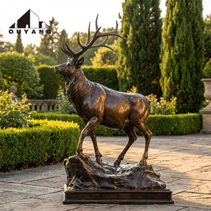 Escultura de Ciervo de Bronce Fundido Antiguo de <span class=keywords><strong>Tamaño</strong></span> <span class=keywords><strong>Real</strong></span> para Decoración de Exteriores, Estatua Realista de Ciervo de Cobre en Pie con Base de Roca Integrada - Product Image 1