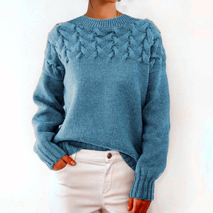 Suéter de <span class=keywords><strong>cuello</strong></span> <span class=keywords><strong>alto</strong></span> de punto trenzado para <span class=keywords><strong>mujer</strong></span>, estilo vintage, texturizado, de manga larga, holgado, con puños acanalados para uso diario - Product Image 4
