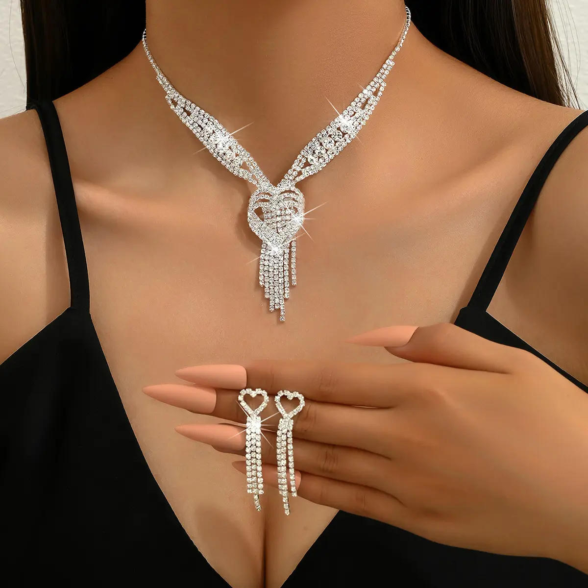 DAIHE набор-3363 свадебные аксессуары, блестящие бриллиантовые трехслойные любовные кисточки, ожерелье/серьги