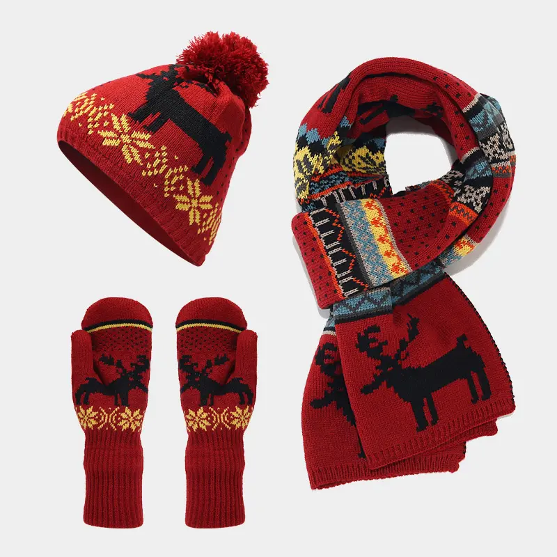 कस्टम लोगो शीतकालीन दस्ताने स्कार्फ क्रिसमस टोपी सेट महिला पुरुषों के लिए ऊनी दस्ताने नरम और आरामदायक स्कार्फ